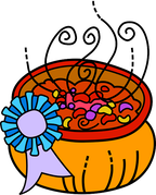 Cartoon picture of pot of chili with award ribbon